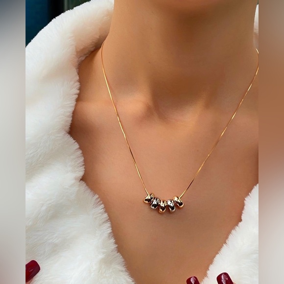 Five Beads 14k Gold Chain -Gold Silver Rose Gold Color Bead Luxury Necklace - Picture 3 of 10